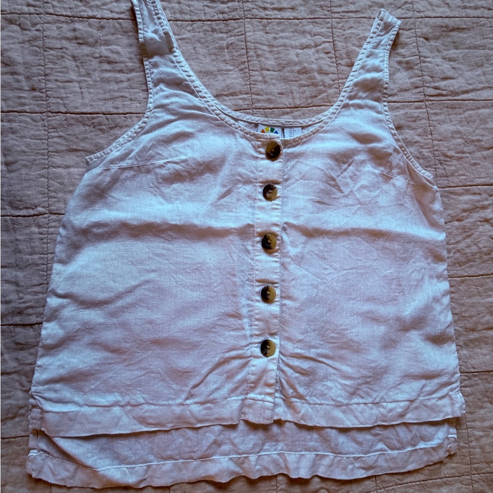 Button-Front Sleeveless Linen Blend Tank - White